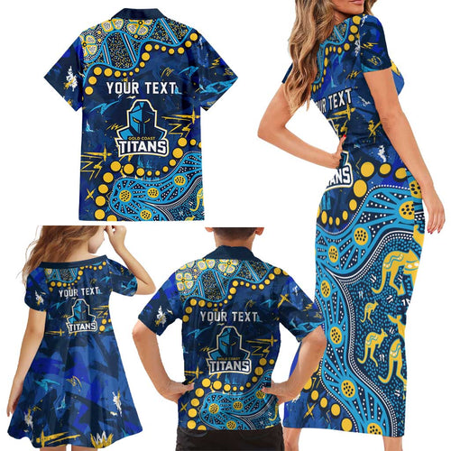 Personalized Gold Coast Titans Family Matching Short Sleeve Bodycon Dress and Hawaiian Shirt Aboriginal Pattern with Graffiti Style Design