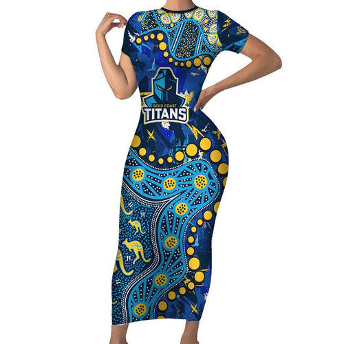 Personalized Gold Coast Titans Family Matching Short Sleeve Bodycon Dress and Hawaiian Shirt Aboriginal Pattern with Graffiti Style Design