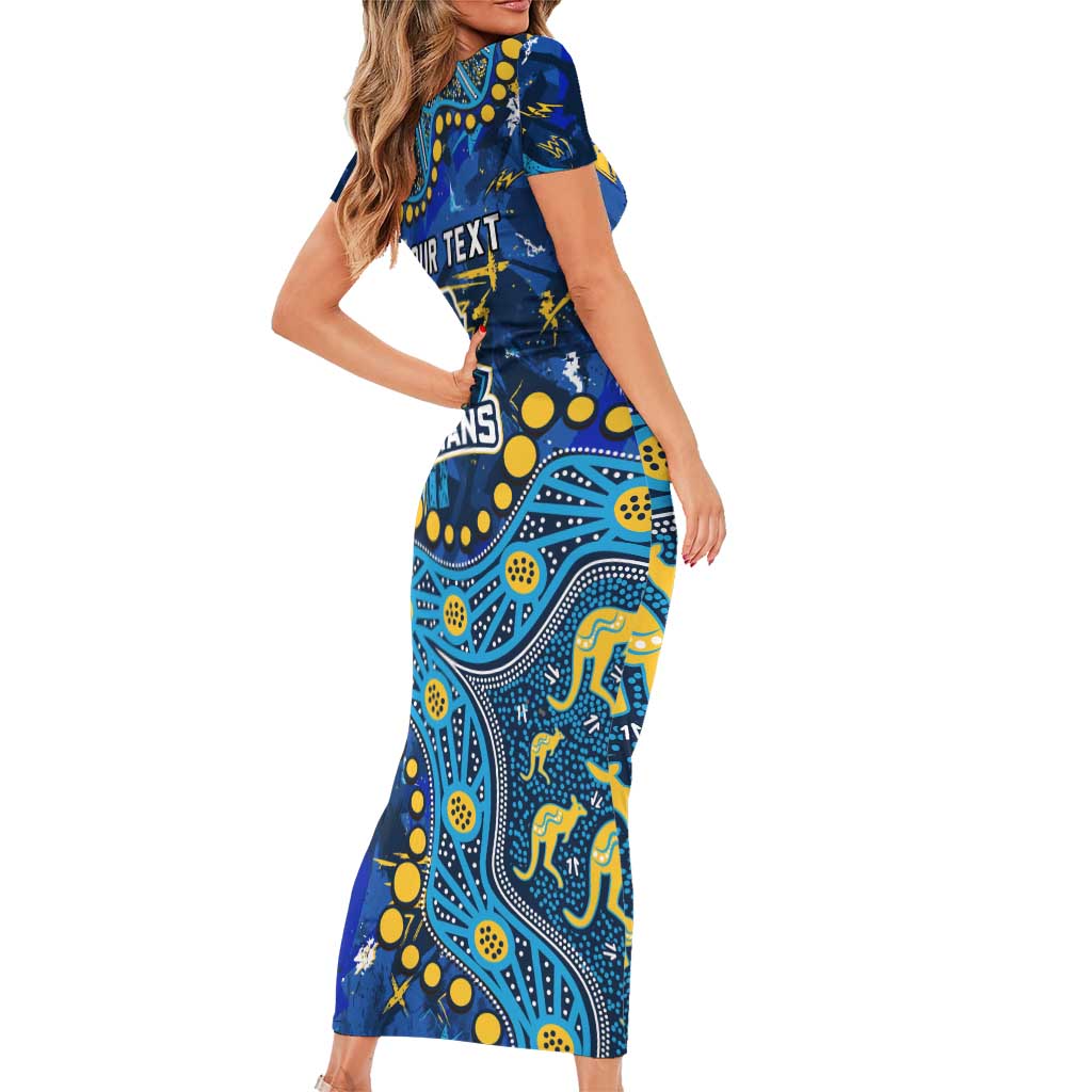 Personalized Gold Coast Titans Family Matching Short Sleeve Bodycon Dress and Hawaiian Shirt Aboriginal Pattern with Graffiti Style Design