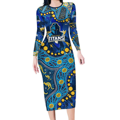 Personalized Gold Coast Titans Long Sleeve Bodycon Dress Aboriginal Pattern with Graffiti Style Design