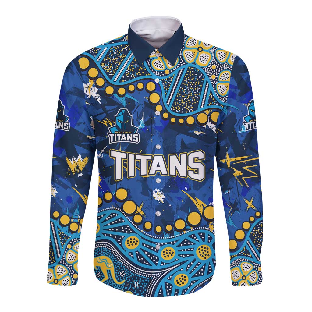 Personalized Gold Coast Titans Long Sleeve Button Shirt Aboriginal Pattern with Graffiti Style Design