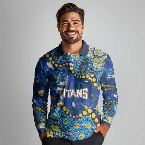 Personalized Gold Coast Titans Long Sleeve Polo Shirt Aboriginal Pattern with Graffiti Style Design