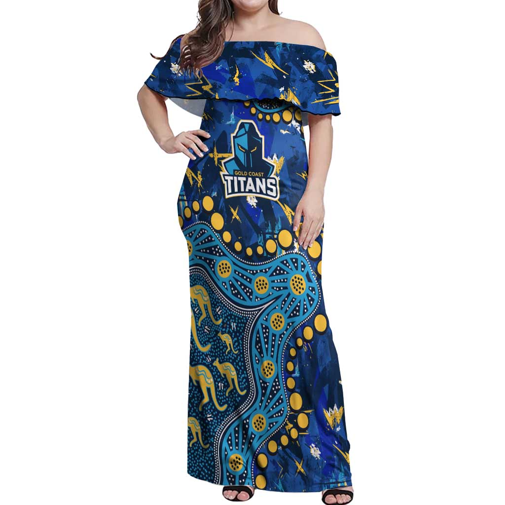Personalized Gold Coast Titans Off Shoulder Maxi Dress Aboriginal Pattern with Graffiti Style Design
