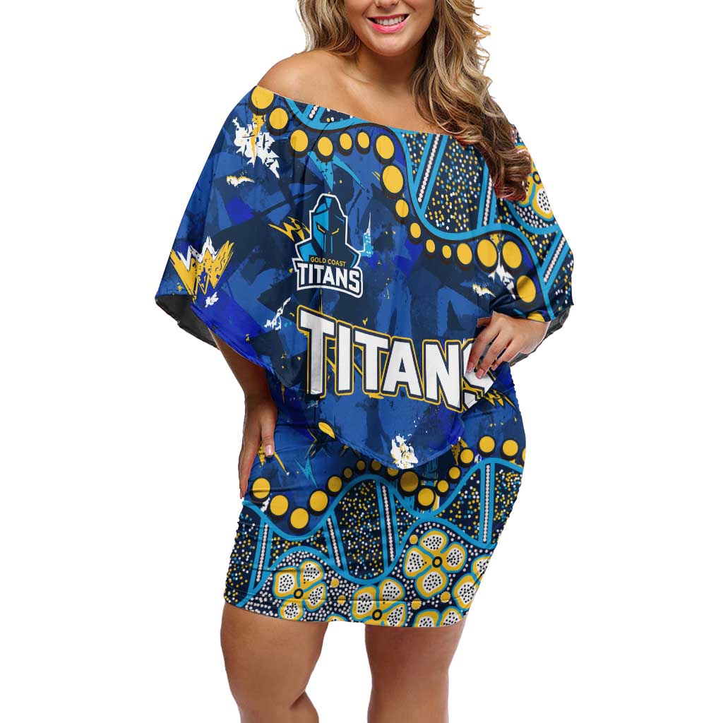 Personalized Gold Coast Titans Off Shoulder Short Dress Aboriginal Pattern with Graffiti Style Design