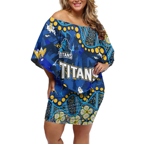 Personalized Gold Coast Titans Off Shoulder Short Dress Aboriginal Pattern with Graffiti Style Design
