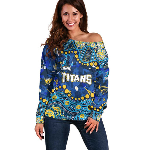 Personalized Gold Coast Titans Off Shoulder Sweater Aboriginal Pattern with Graffiti Style Design