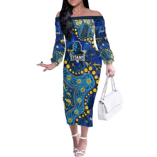 Personalized Gold Coast Titans Off The Shoulder Long Sleeve Dress Aboriginal Pattern with Graffiti Style Design
