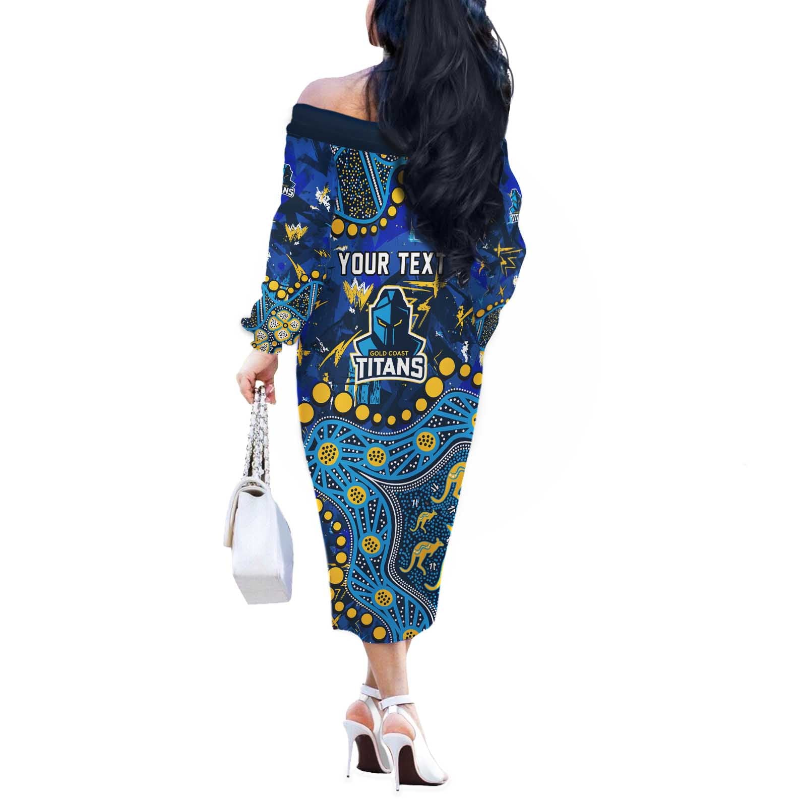 Personalized Gold Coast Titans Off The Shoulder Long Sleeve Dress Aboriginal Pattern with Graffiti Style Design