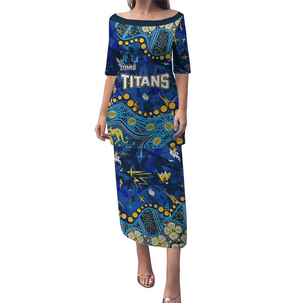 Personalized Gold Coast Titans Puletasi Aboriginal Pattern with Graffiti Style Design
