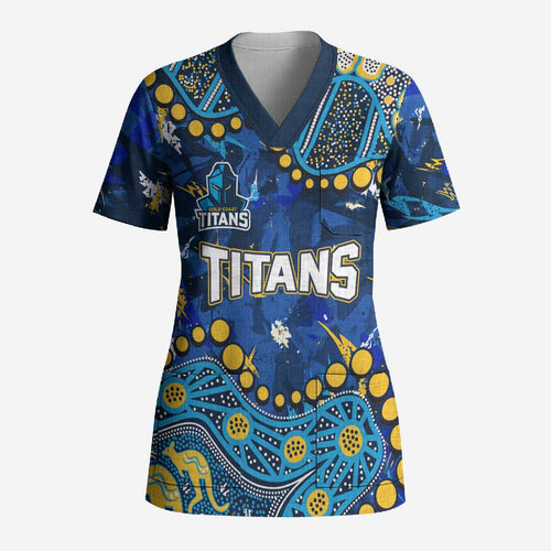 Personalized Gold Coast Titans Scrub Top Aboriginal Pattern with Graffiti Style Design