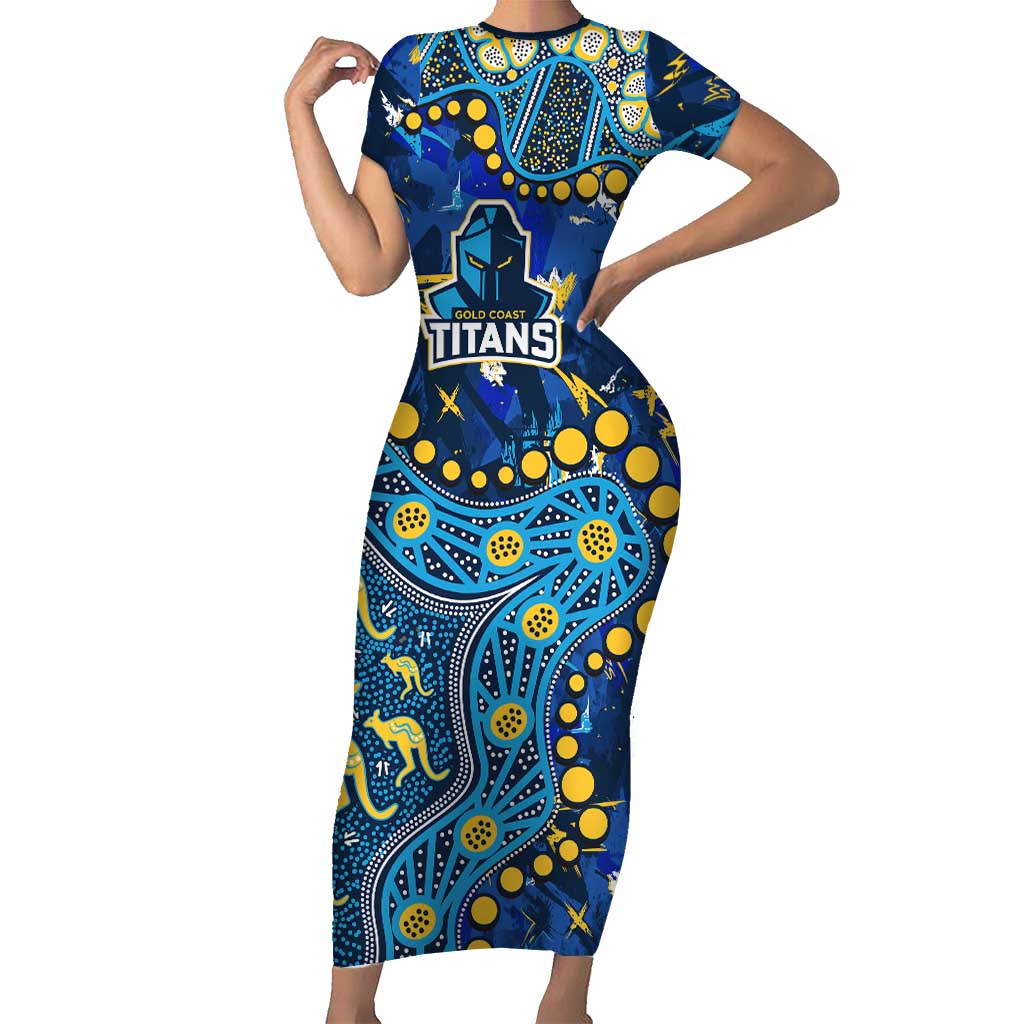 Personalized Gold Coast Titans Short Sleeve Bodycon Dress Aboriginal Pattern with Graffiti Style Design