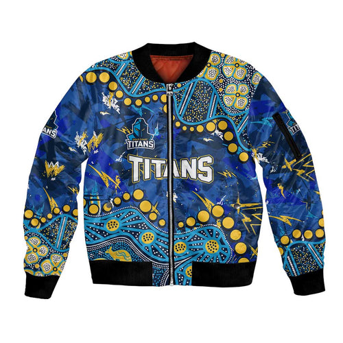 Personalized Gold Coast Titans Sleeve Zip Bomber Jacket Aboriginal Pattern with Graffiti Style Design