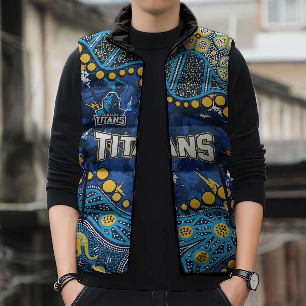 Personalized Gold Coast Titans Sleeveless Puffer Jacket Aboriginal Pattern with Graffiti Style Design