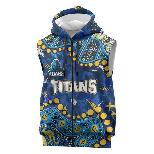 Personalized Gold Coast Titans Sleeveless Zip Hoodie Aboriginal Pattern with Graffiti Style Design
