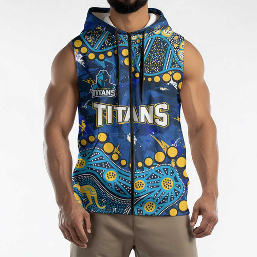 Personalized Gold Coast Titans Sleeveless Zip Hoodie Aboriginal Pattern with Graffiti Style Design