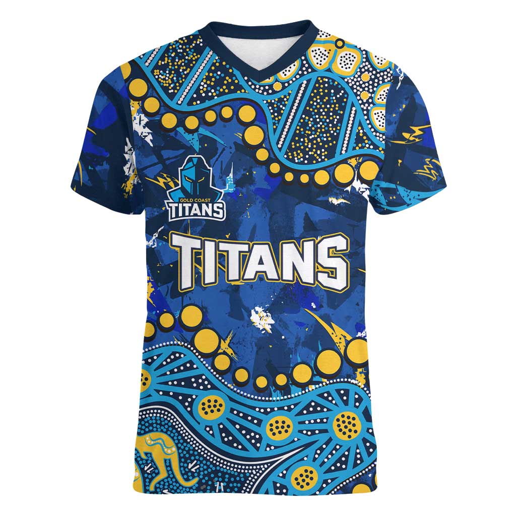 Personalized Gold Coast Titans Women V-Neck T-Shirt Aboriginal Pattern with Graffiti Style Design