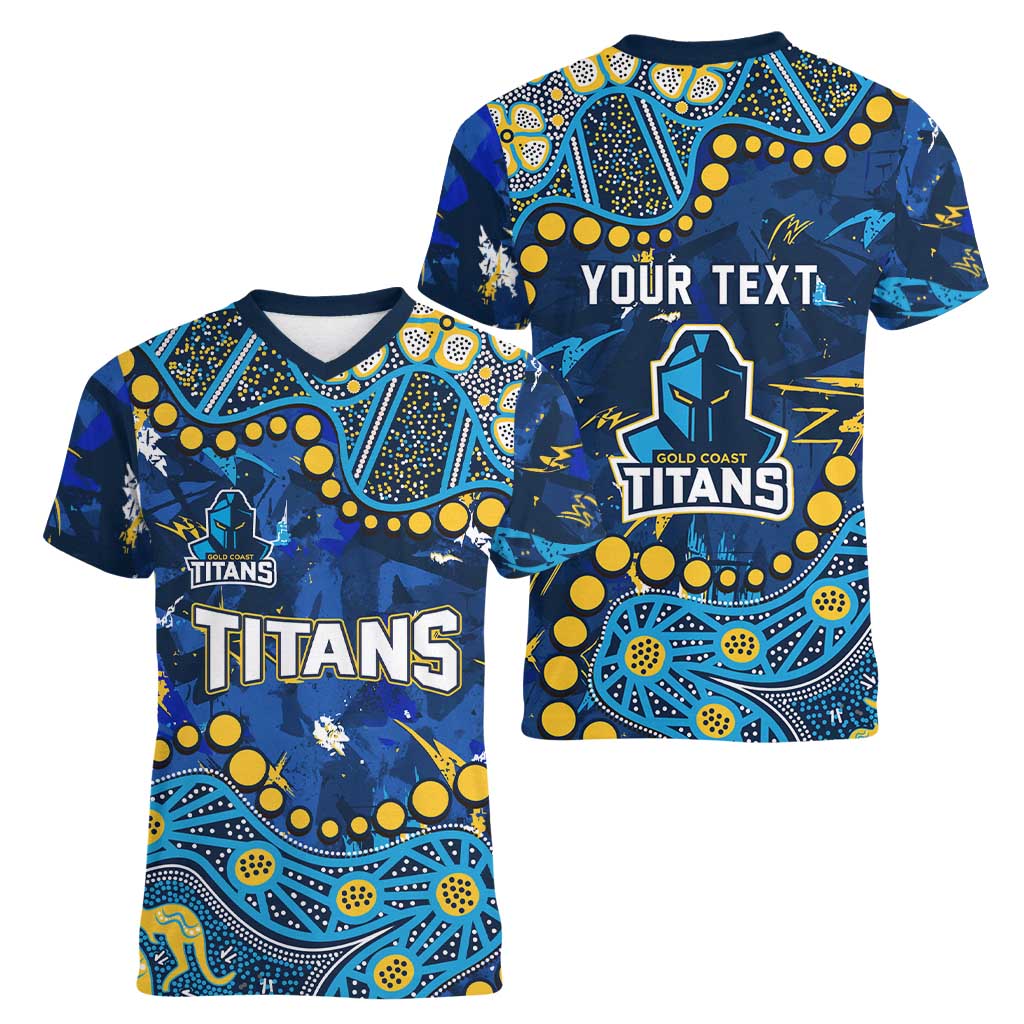 Personalized Gold Coast Titans Women V-Neck T-Shirt Aboriginal Pattern with Graffiti Style Design