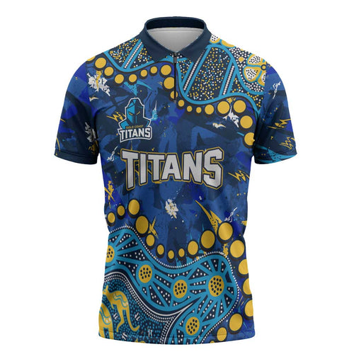 Personalized Gold Coast Titans Zipper Polo Shirt Aboriginal Pattern with Graffiti Style Design