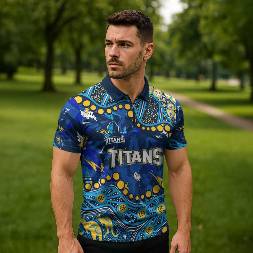 Personalized Gold Coast Titans Zipper Polo Shirt Aboriginal Pattern with Graffiti Style Design