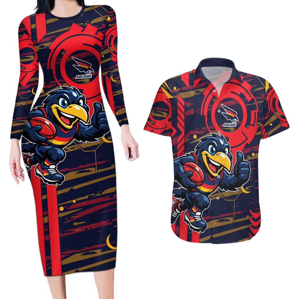 Adelaide Crows Couples Matching Long Sleeve Bodycon Dress and Hawaiian Shirt Mascot Cartoon Football Illustration Style