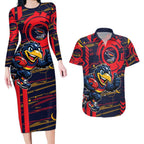 Adelaide Crows Couples Matching Long Sleeve Bodycon Dress and Hawaiian Shirt Mascot Cartoon Football Illustration Style