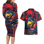 Adelaide Crows Couples Matching Long Sleeve Bodycon Dress and Hawaiian Shirt Mascot Cartoon Football Illustration Style