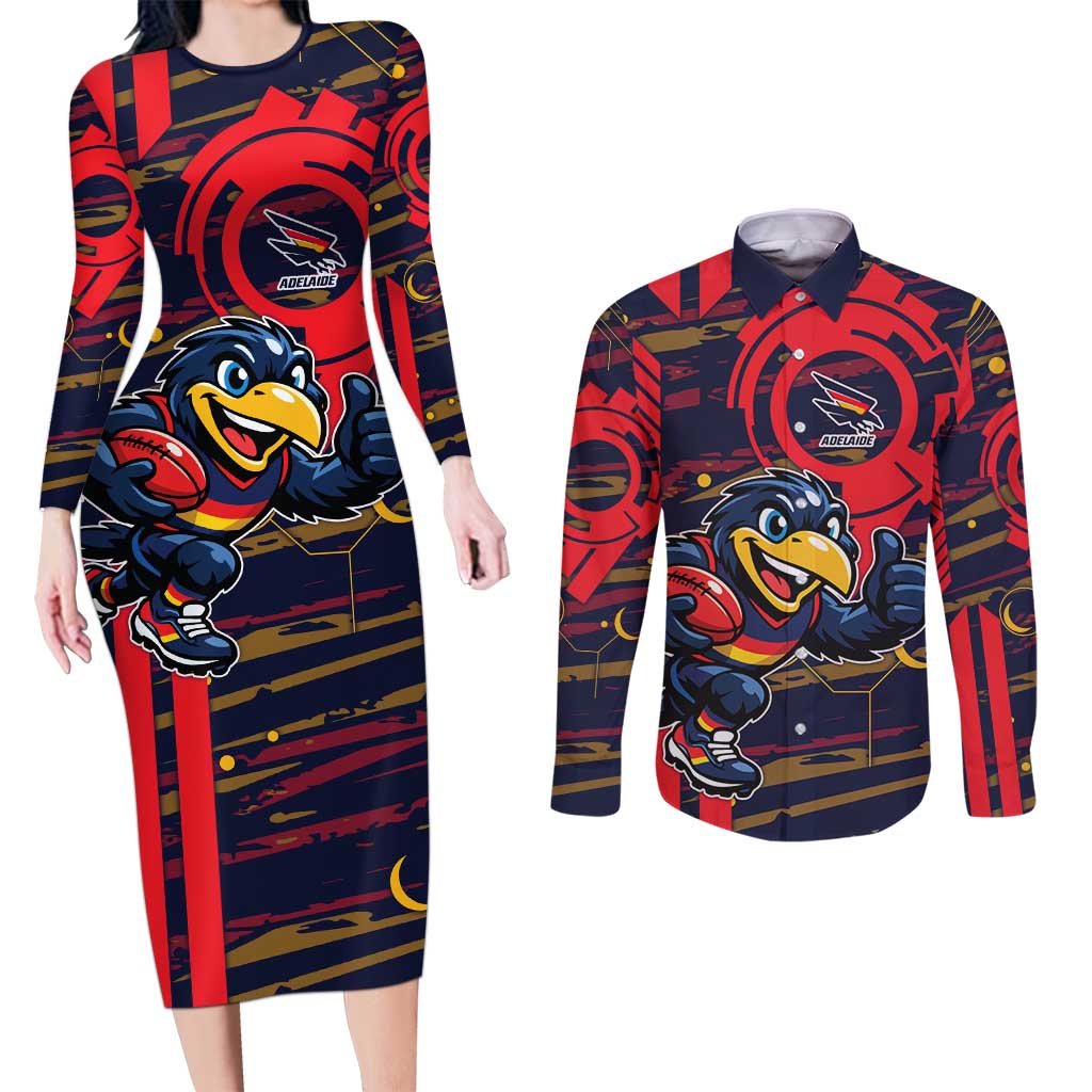 Adelaide Crows Couples Matching Long Sleeve Bodycon Dress and Long Sleeve Button Shirt Mascot Cartoon Football Illustration Style