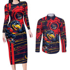 Adelaide Crows Couples Matching Long Sleeve Bodycon Dress and Long Sleeve Button Shirt Mascot Cartoon Football Illustration Style
