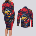 Adelaide Crows Couples Matching Long Sleeve Bodycon Dress and Long Sleeve Button Shirt Mascot Cartoon Football Illustration Style