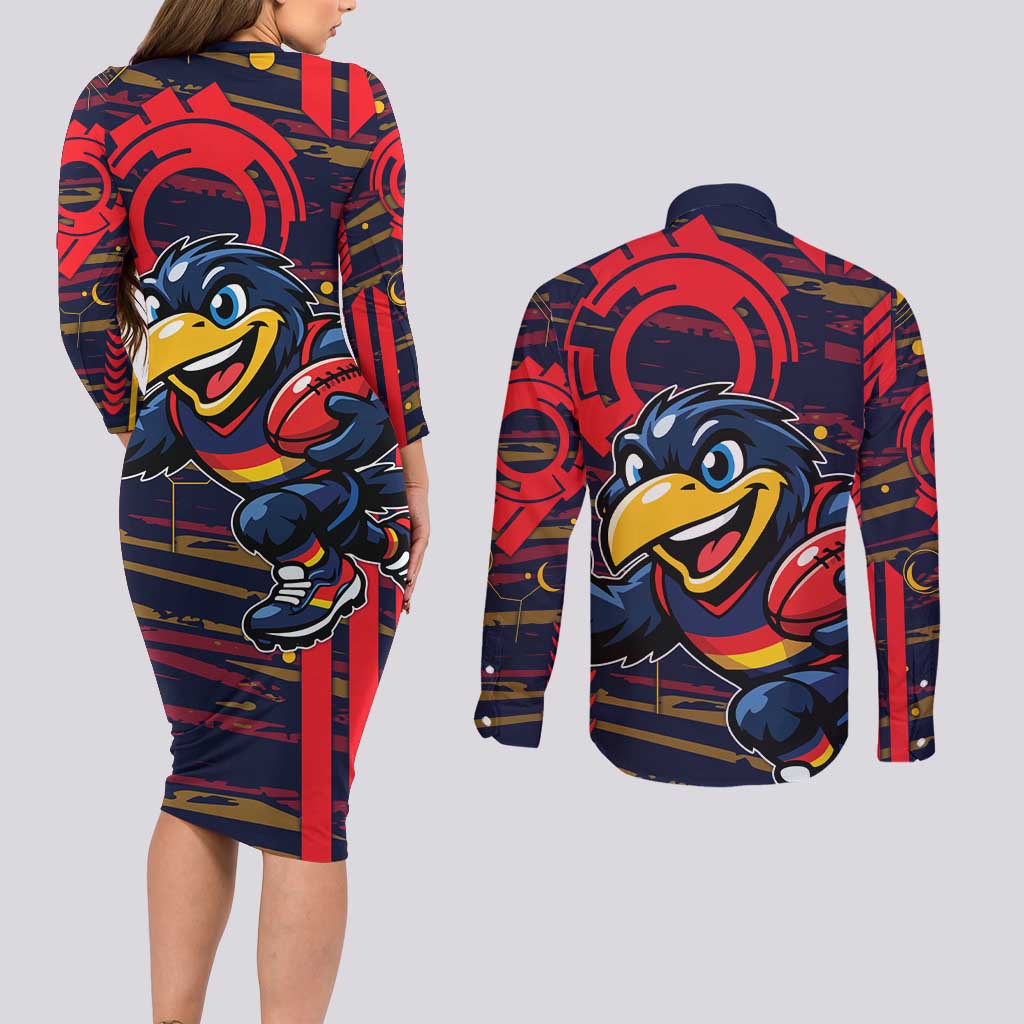 Adelaide Crows Couples Matching Long Sleeve Bodycon Dress and Long Sleeve Button Shirt Mascot Cartoon Football Illustration Style