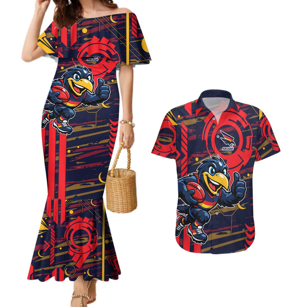 Adelaide Crows Couples Matching Mermaid Dress and Hawaiian Shirt Mascot Cartoon Football Illustration Style