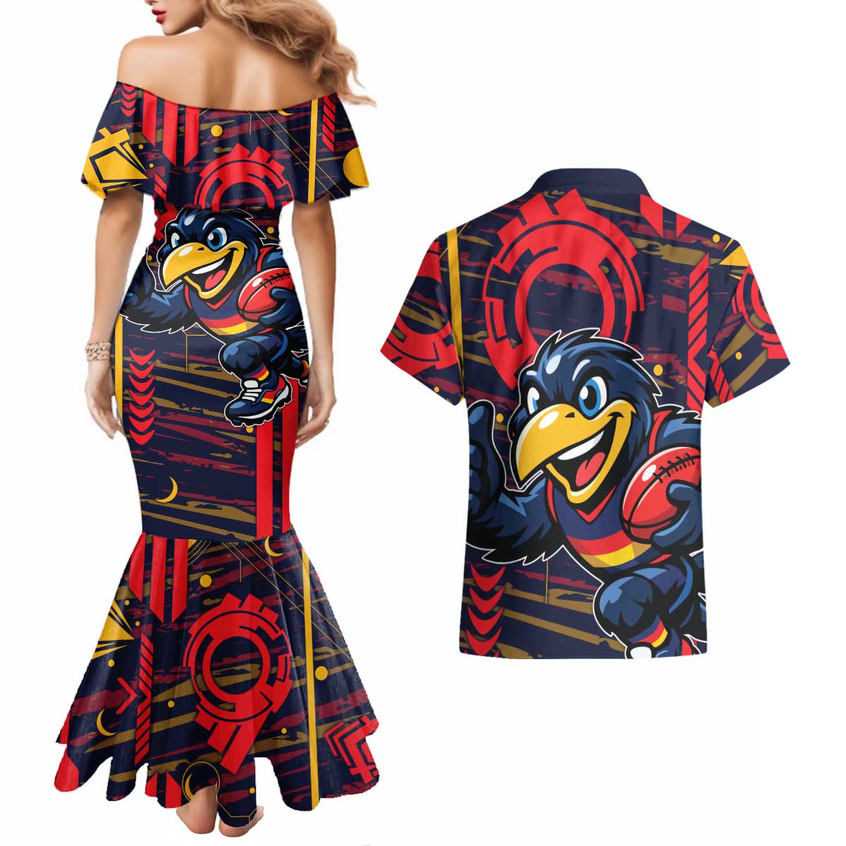 Adelaide Crows Couples Matching Mermaid Dress and Hawaiian Shirt Mascot Cartoon Football Illustration Style