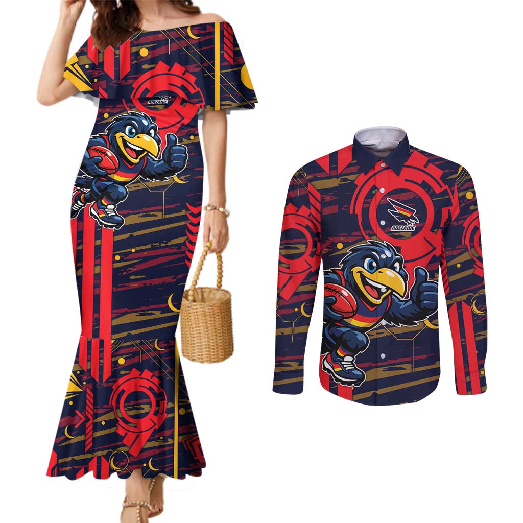Adelaide Crows Couples Matching Mermaid Dress and Long Sleeve Button Shirt Mascot Cartoon Football Illustration Style