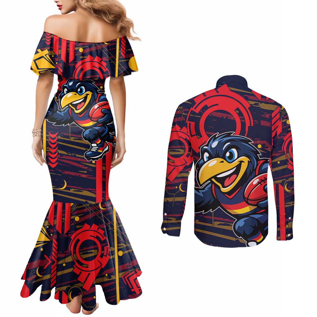 Adelaide Crows Couples Matching Mermaid Dress and Long Sleeve Button Shirt Mascot Cartoon Football Illustration Style