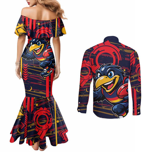 Adelaide Crows Couples Matching Mermaid Dress and Long Sleeve Button Shirt Mascot Cartoon Football Illustration Style