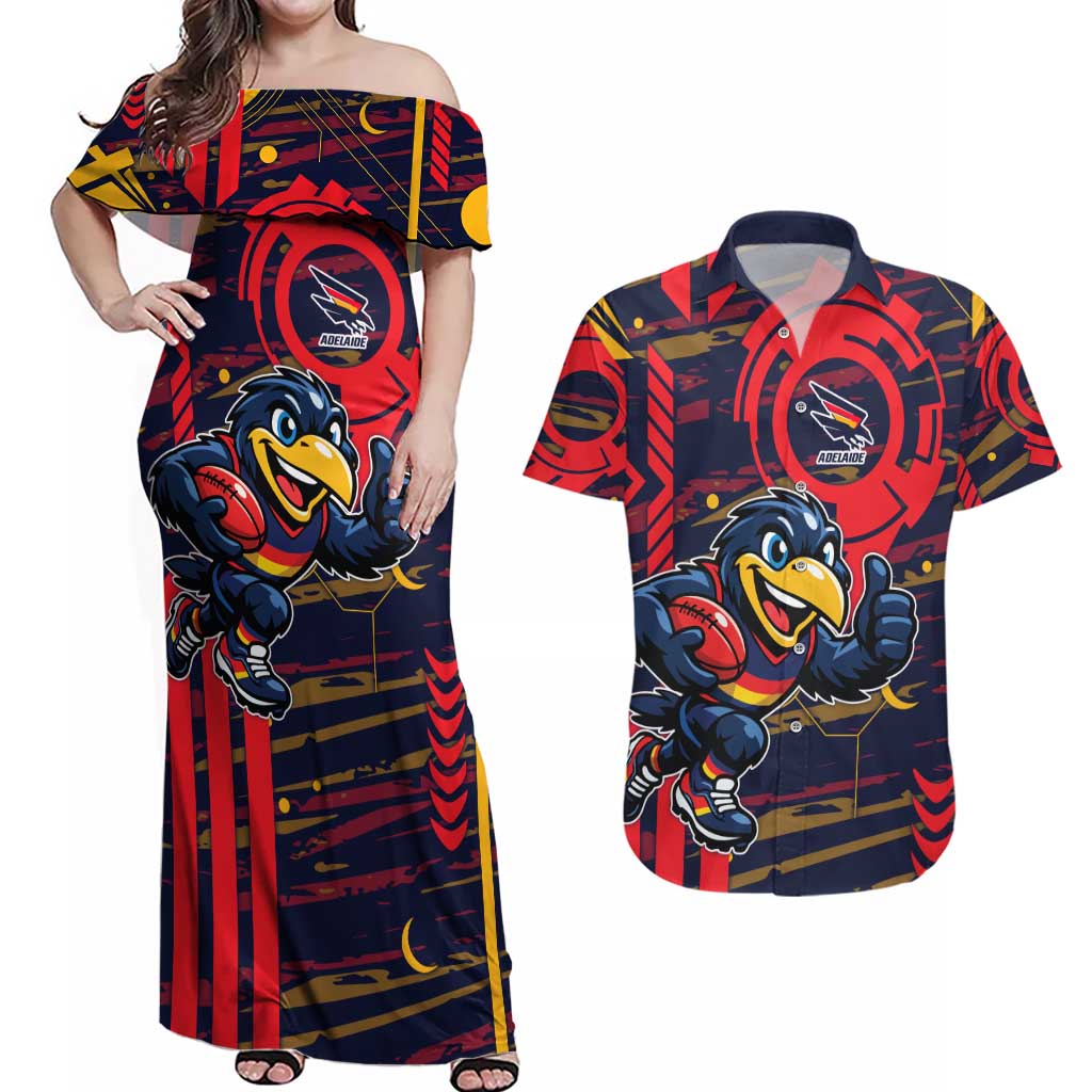 Adelaide Crows Couples Matching Off Shoulder Maxi Dress and Hawaiian Shirt Mascot Cartoon Football Illustration Style
