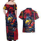 Adelaide Crows Couples Matching Off Shoulder Maxi Dress and Hawaiian Shirt Mascot Cartoon Football Illustration Style