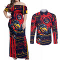 Adelaide Crows Couples Matching Off Shoulder Maxi Dress and Long Sleeve Button Shirt Mascot Cartoon Football Illustration Style