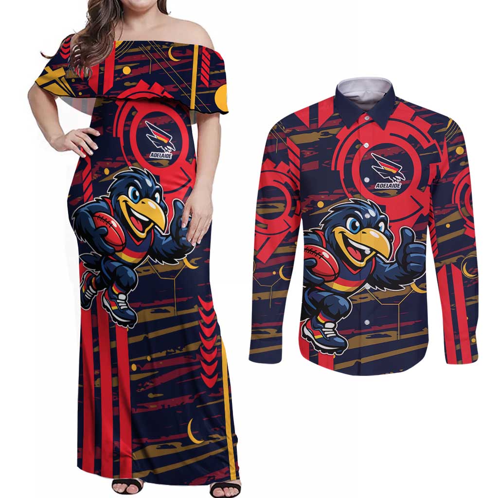 Adelaide Crows Couples Matching Off Shoulder Maxi Dress and Long Sleeve Button Shirt Mascot Cartoon Football Illustration Style