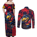 Adelaide Crows Couples Matching Off Shoulder Maxi Dress and Long Sleeve Button Shirt Mascot Cartoon Football Illustration Style