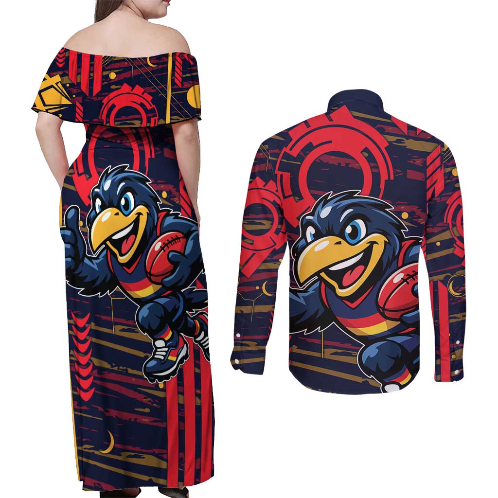 Adelaide Crows Couples Matching Off Shoulder Maxi Dress and Long Sleeve Button Shirt Mascot Cartoon Football Illustration Style