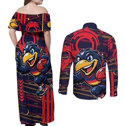 Adelaide Crows Couples Matching Off Shoulder Maxi Dress and Long Sleeve Button Shirt Mascot Cartoon Football Illustration Style