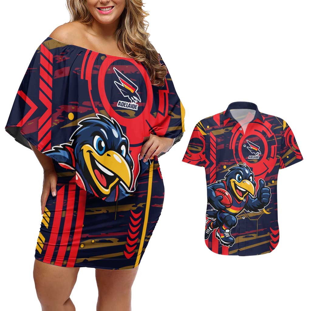 Adelaide Crows Couples Matching Off Shoulder Short Dress and Hawaiian Shirt Mascot Cartoon Football Illustration Style