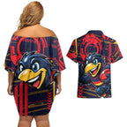 Adelaide Crows Couples Matching Off Shoulder Short Dress and Hawaiian Shirt Mascot Cartoon Football Illustration Style