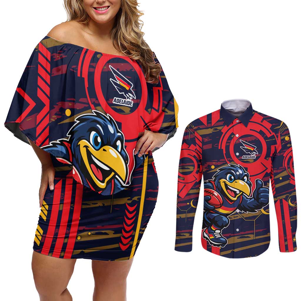 Adelaide Crows Couples Matching Off Shoulder Short Dress and Long Sleeve Button Shirt Mascot Cartoon Football Illustration Style
