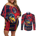 Adelaide Crows Couples Matching Off Shoulder Short Dress and Long Sleeve Button Shirt Mascot Cartoon Football Illustration Style