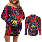 Adelaide Crows Couples Matching Off Shoulder Short Dress and Long Sleeve Button Shirt Mascot Cartoon Football Illustration Style