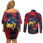 Adelaide Crows Couples Matching Off Shoulder Short Dress and Long Sleeve Button Shirt Mascot Cartoon Football Illustration Style