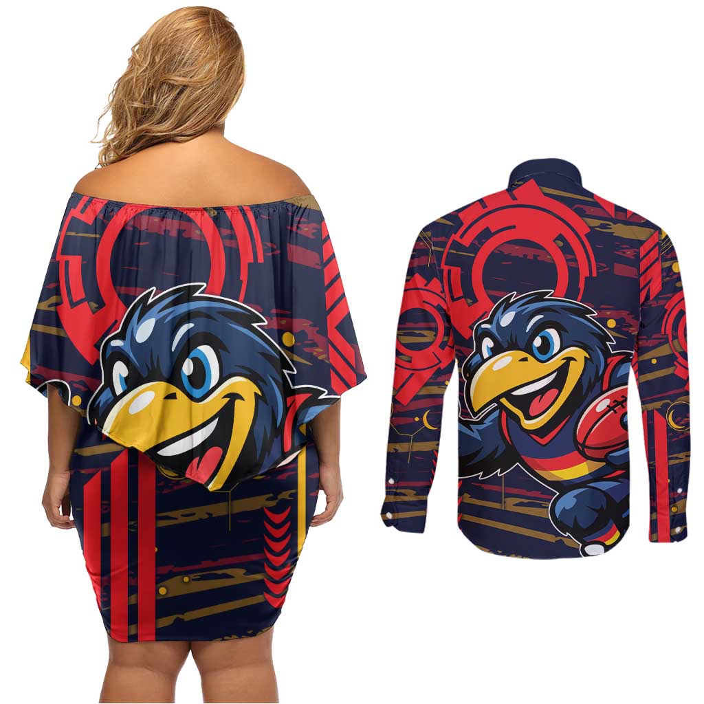 Adelaide Crows Couples Matching Off Shoulder Short Dress and Long Sleeve Button Shirt Mascot Cartoon Football Illustration Style