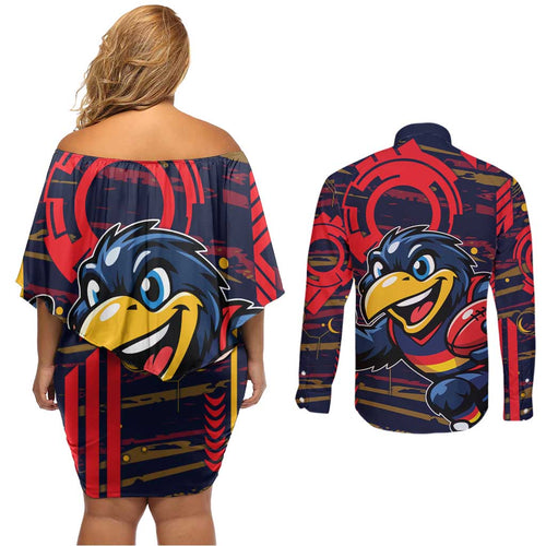 Adelaide Crows Couples Matching Off Shoulder Short Dress and Long Sleeve Button Shirt Mascot Cartoon Football Illustration Style